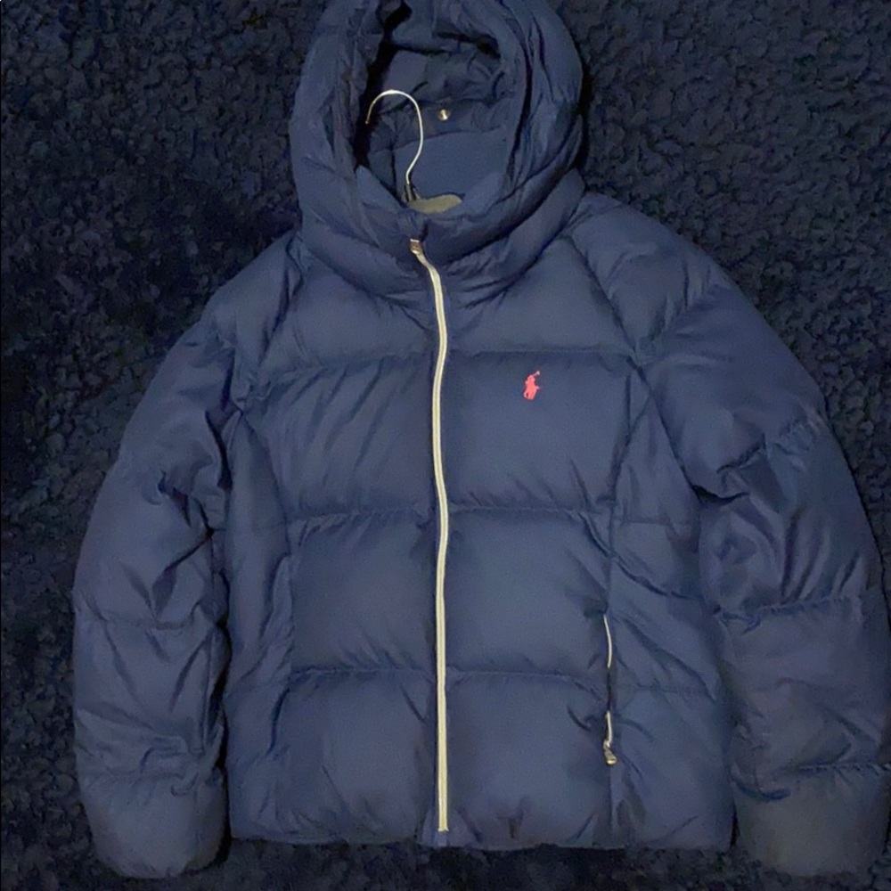Navy Blue Girls Polo Coat with Pink logo